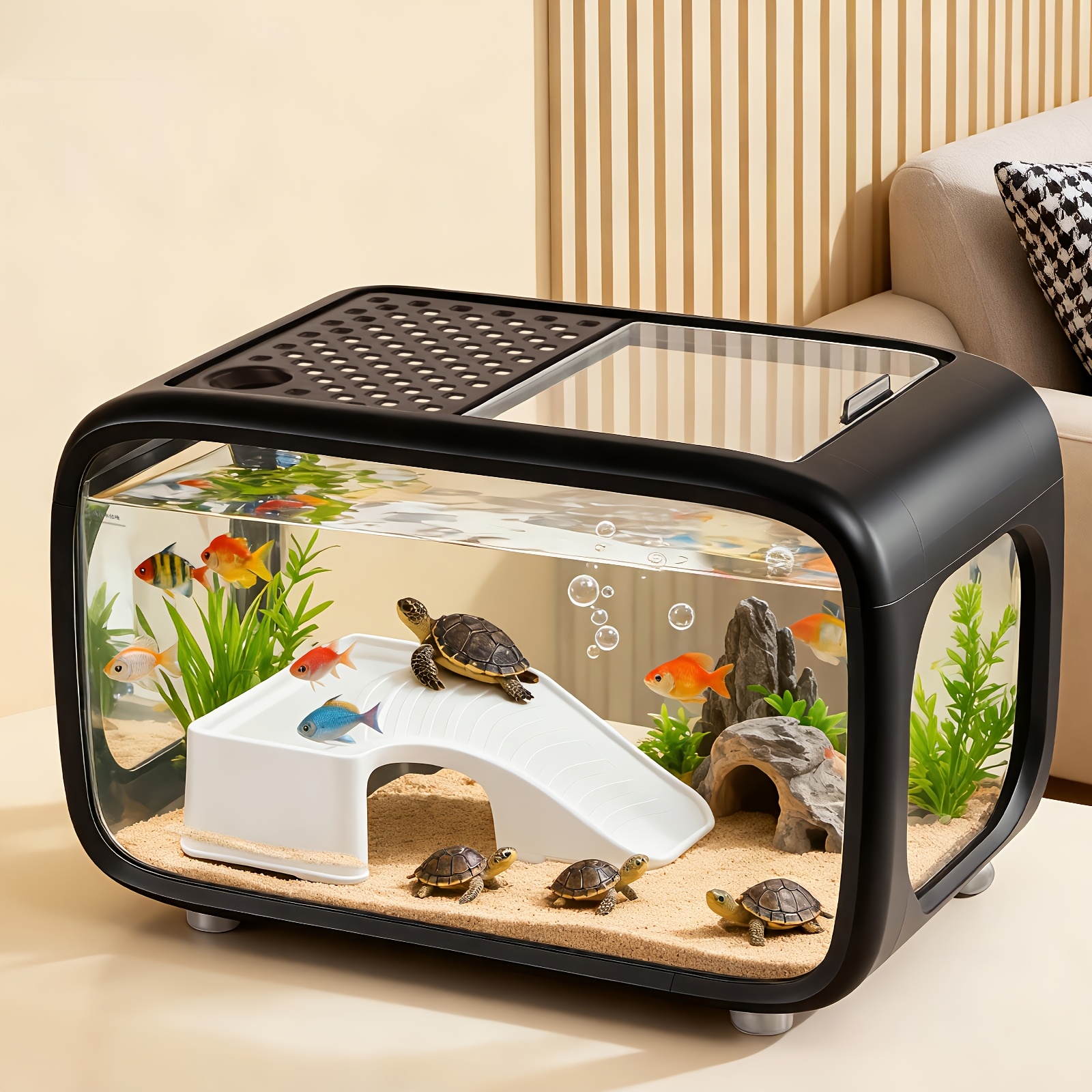 Image of Transparent Top Aquarium, Equipped With Small Ladder Ornaments, Suitable For Square Fish Tanks And Turtle For Home/office Desks, Designed For And Turtles, Easy To Clean