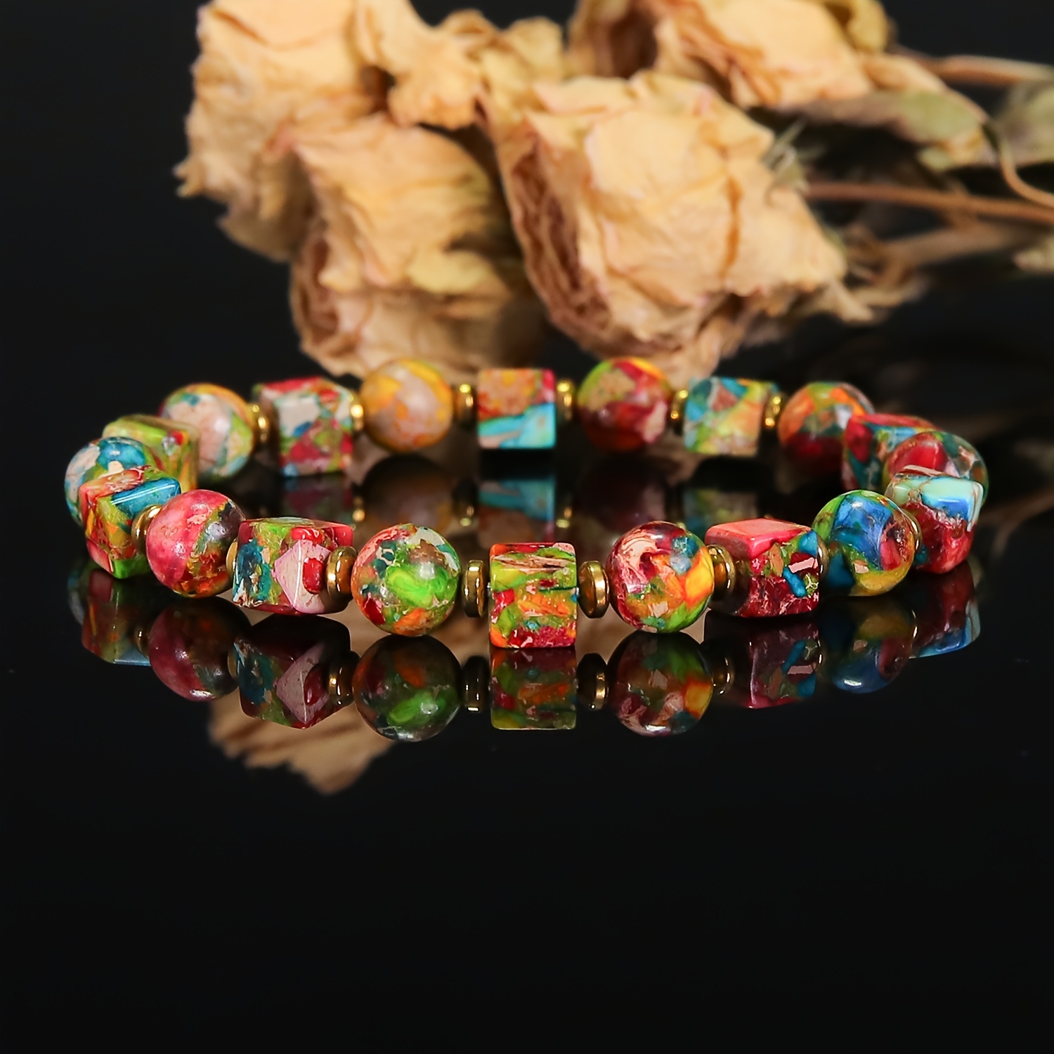 TEMU 1pc Bracelet de pierres naturelles multicolores en d', bracelet de perles de pierres de mixtes carrées et rondes, bracelet de et d', bijoux