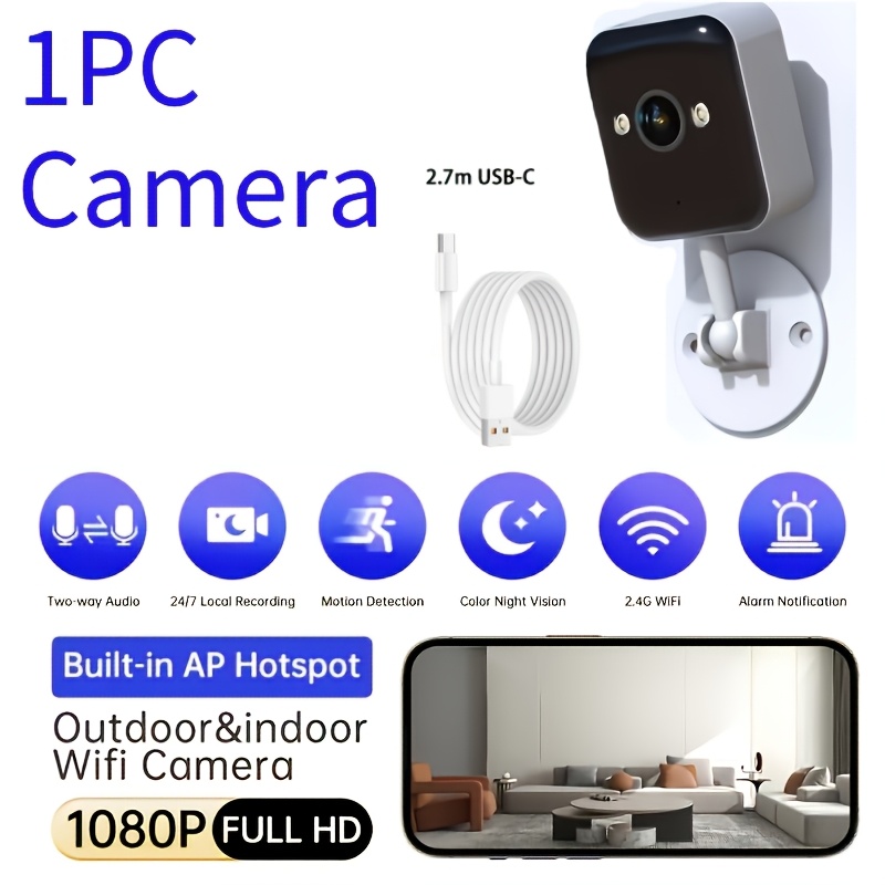 TEMU Night Vision Jooan 1080p Indoor Outdoor Camera Ipx6 Water Resistant Detection Built-in Hotspot App-controlled Local Recording Usb Powered Wall-mounted 1pc Smart Home Security Camera App Control