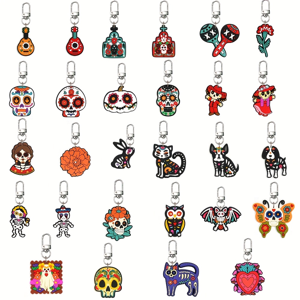 Image of Set Of 28 Plastic Keychains For Mexico's , Featuring Vibrant Skull Designs, Ideal For Decorating Bags, Luggage, Or As Party Favors