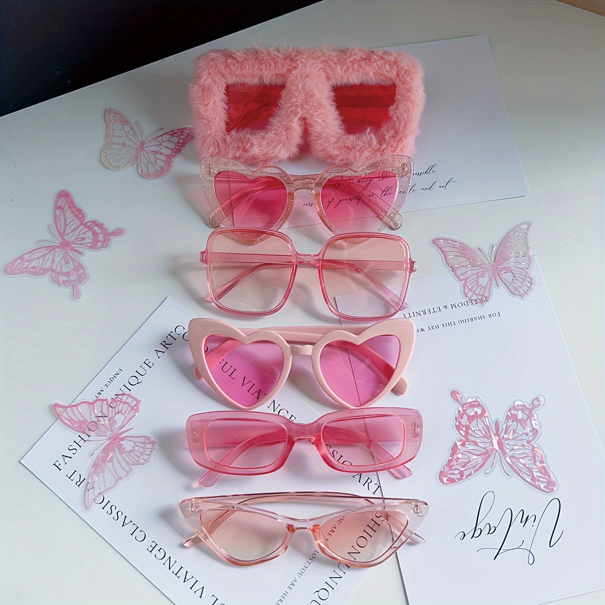 

6pcs Y2k Pink Oversized Fashion Glasses Set - Heart & Cat Eye Designs For Women | Birthday, Bachelorette Parties & Wedding Favors