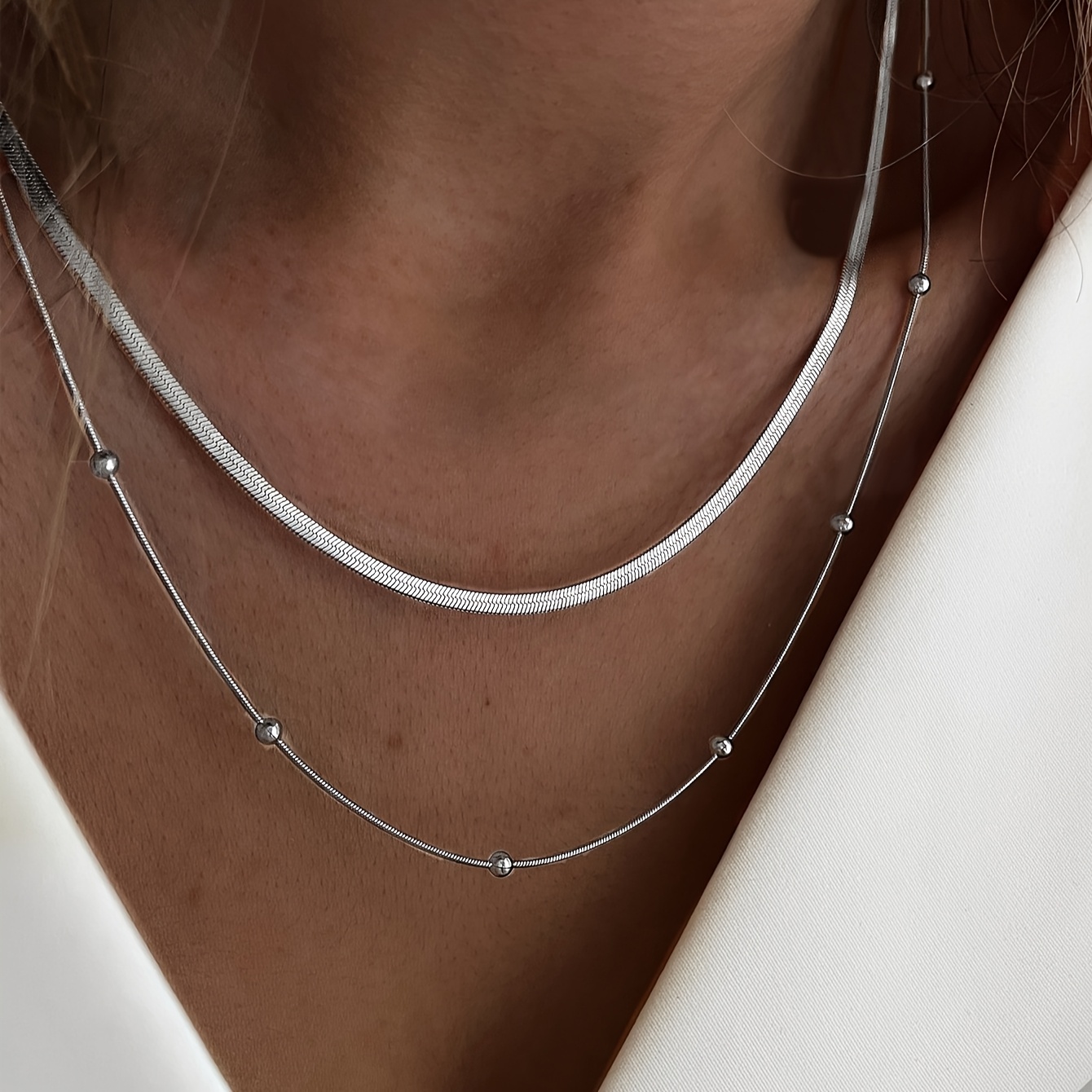 1pc/2pcs Luxury Classic Lightweight Elegant Double Layer Stainless Steel Chain Necklace Set For Women With Random Bead Count