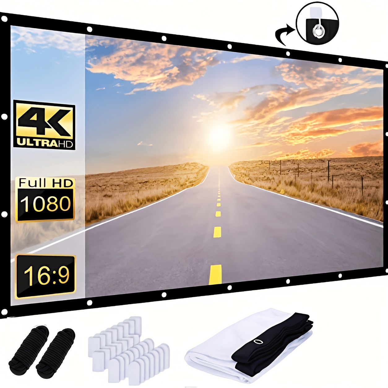 72-inch Portable Projection Screen, 16:9 Ratio, Polyester Fiber, Wrinkle-free And Washable, Includes Mounting Hardware And Storage Bag