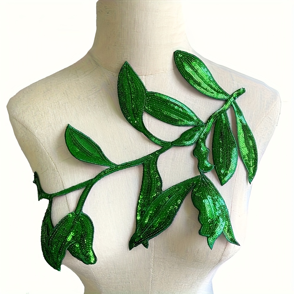 E-shop 1 Stück Langer Grüner & Goldener Blatt-Pailletten-Aufnäher - Lange & Goldene Stickerei-Applikation für DIY-Kleidung, , Hüte -