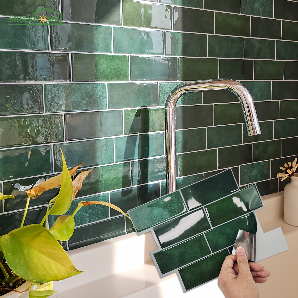

1/10pcs Green Brick Pattern Tile Self-adhesive Wall Stickers, Waterproof Heat-resistant, Peel And Stick Panels For Living Room Kitchen Backsplash Bathroom Home