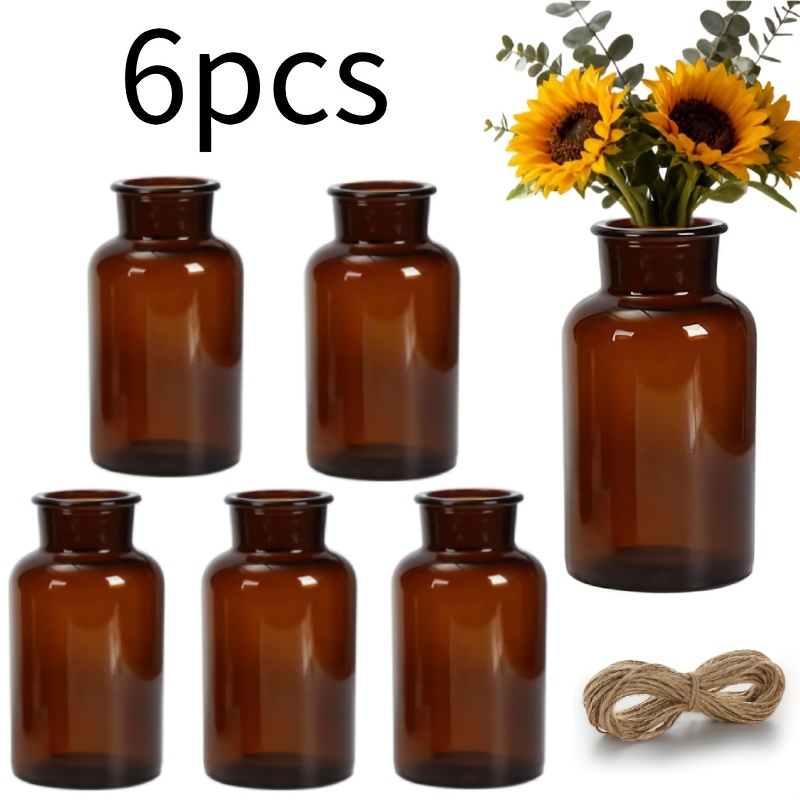 TEMU 6pcs Brown Vases, Vintage Amber Vases, Rustic Style, Amber Glass Vases, Vintage Small Glass Vases | Medicine Bottles Apothecary Jars With Brush,