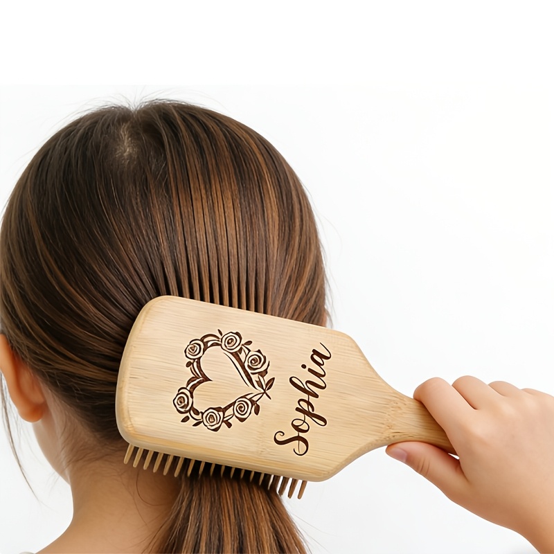 TEMU Personalized Bamboo Hairbrush With Custom Name/text Laser-engraved - Scalp Massage Cushion Comb Suitable For Women, Bridesmaids Gift, For Mom,