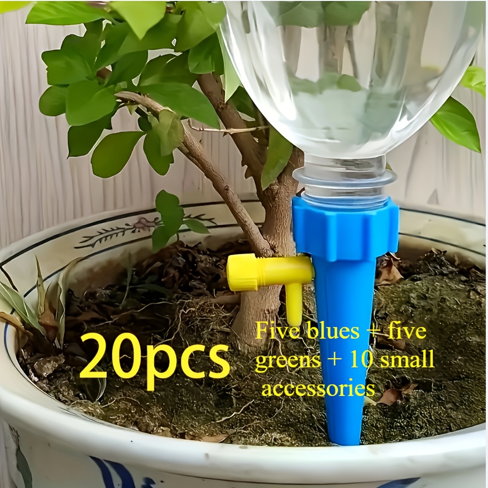 20pcs Five blues + five greens + 10 small accessories Automatic Self-Spraying Adjustable Plant Watering Nozzle with Slow Release Control Valve Switch for Outdoor and Vacation Plant Watering, Lazy Watering Artifact, Random Color
