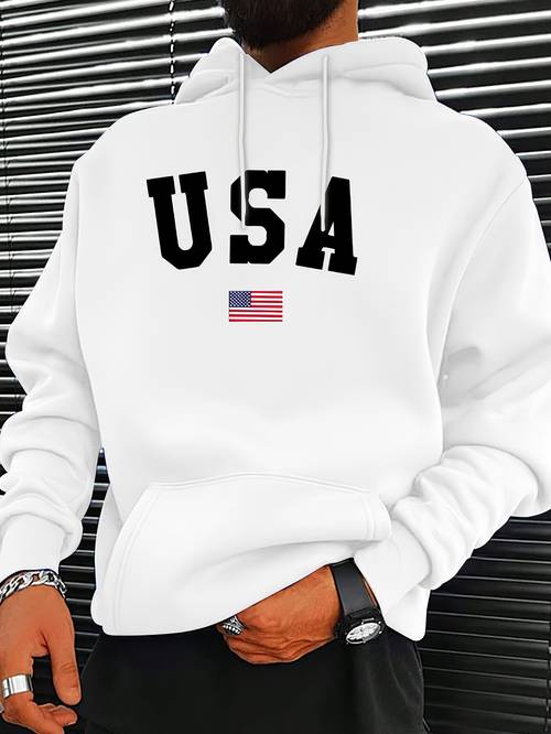 1pc mens casual cotton hoodie with american flag print long sleeve pullover with pockets knitted stretch fabric loose season hooded sweatshirt