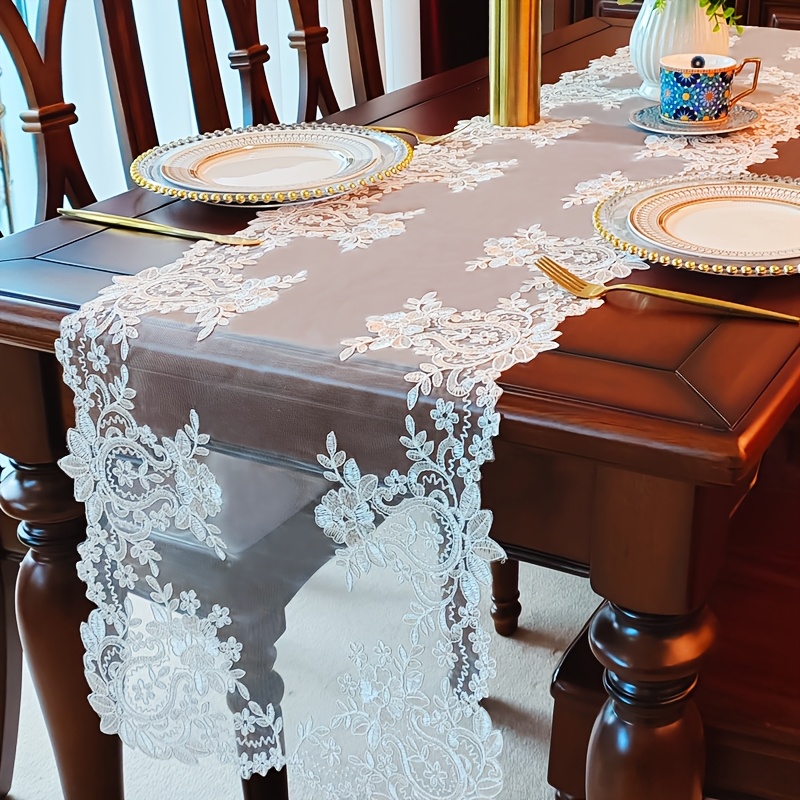 TEMU 1 pièce Tissu en blanc avec motif floral brodé de fil à tige blanche, mariage rustique air. Convient pour nappe de table à manger de cuisine