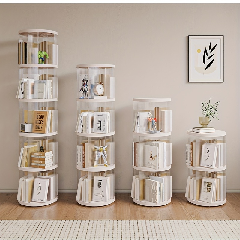3 tier rotating bookshelf transparent white plastic storage rack for home office freestanding multi shelf organizer with wheels books decor and supplies decorative display versatile shelving book shelves details 0