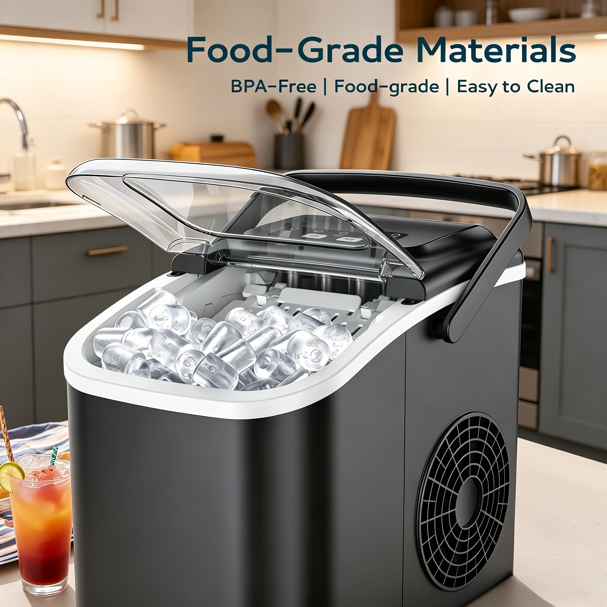 TEMU Countertop Ice Maker With Handle, Daily Output Of 26/29lbs, 9 Ice Cubes In 6 Mins, Self-cleaning Portable Ice Maker With Basket And Scoop,