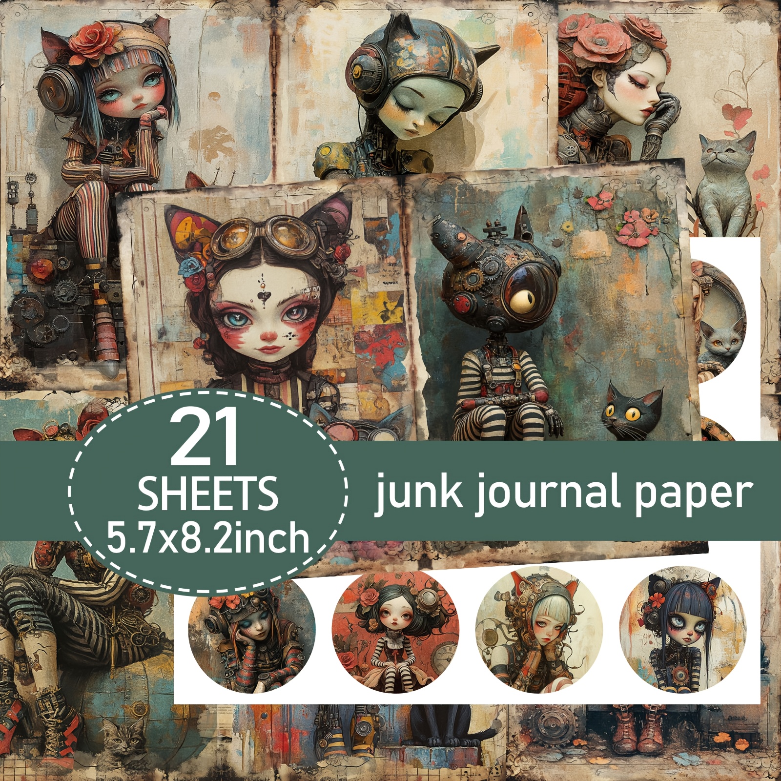 TEMU 21 Hojas (Papeles + Pegatinas) Juego de Papel Estilo Steampunk A5, Papel para Diario Grunge de , Papel Decorativo y Manualidades, Suministros