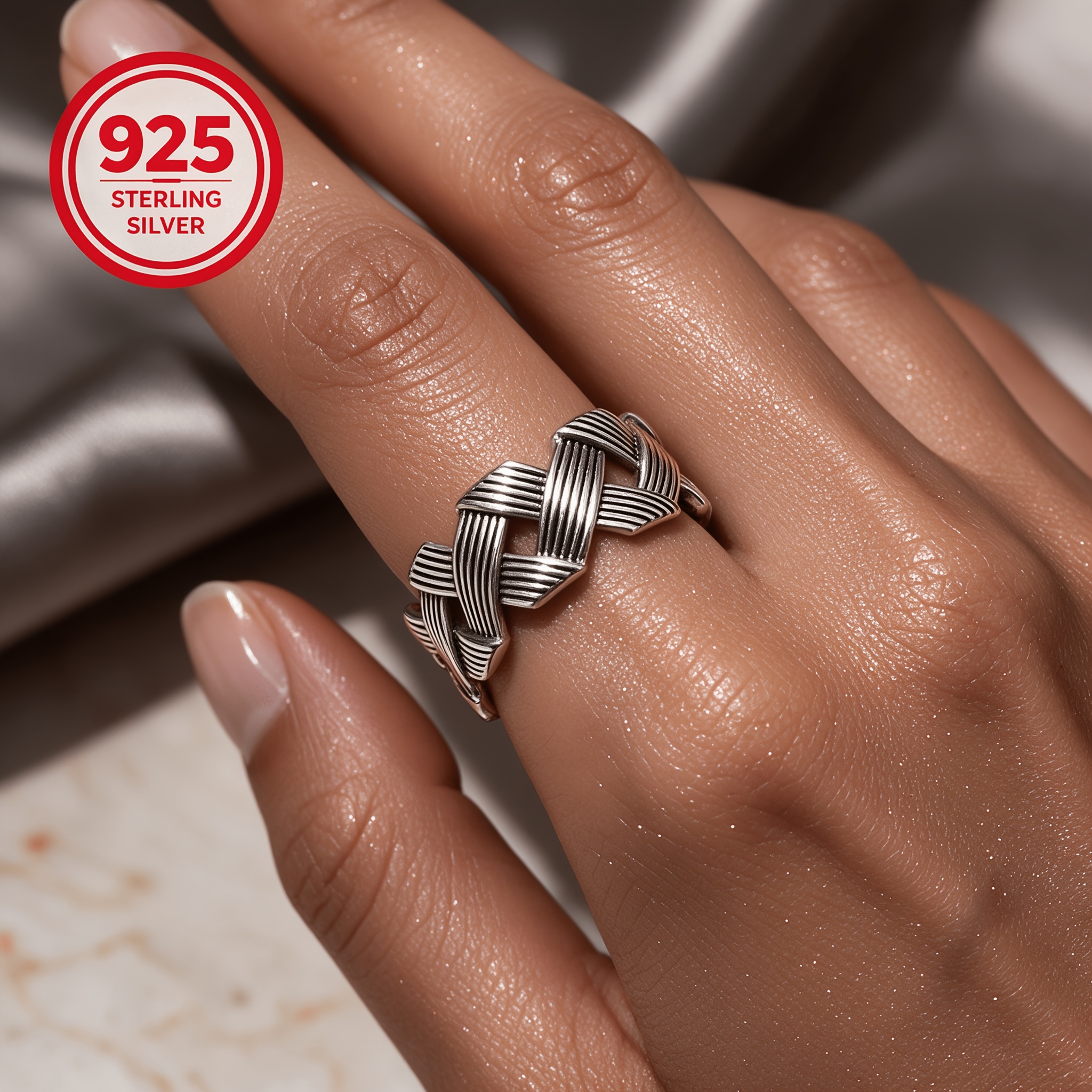 Women's 925 Silver Textured Cross Braid Woven Ring