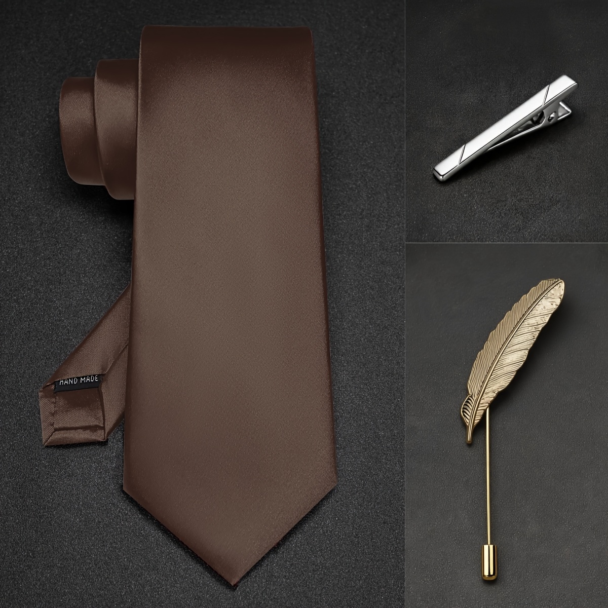 TEMU 3pcs Men's Formal Suit Accessory Set: Solid Satin Necktie, Silver Tie Clip, And Lapel Pin For Wedding Parties And Business Occasions - Available