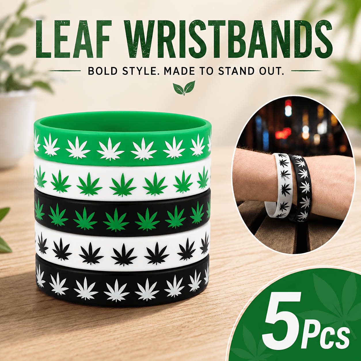 5pcs Leaf Pattern Silicone Bracelets and Multi-Color Bangles