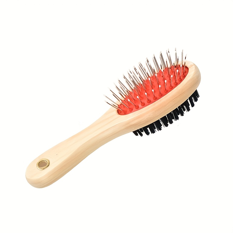 Image of 1pc Double-sided Comb With Wooden Handle - Dual-use Detangling Brush & Massage Grooming Tool, Gentle Plastic Bristles For Cats And Dogs, Ergonomic Pet Brush For Home Use, Pet Grooming