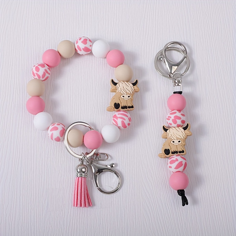 TEMU 2pcs/set Vintage Western Cartoon Keychain Pendant Beaded Wrist Key Ring Bag Clasp Women's Fringed Wrist Key Ring Accessory Perfect Gift For