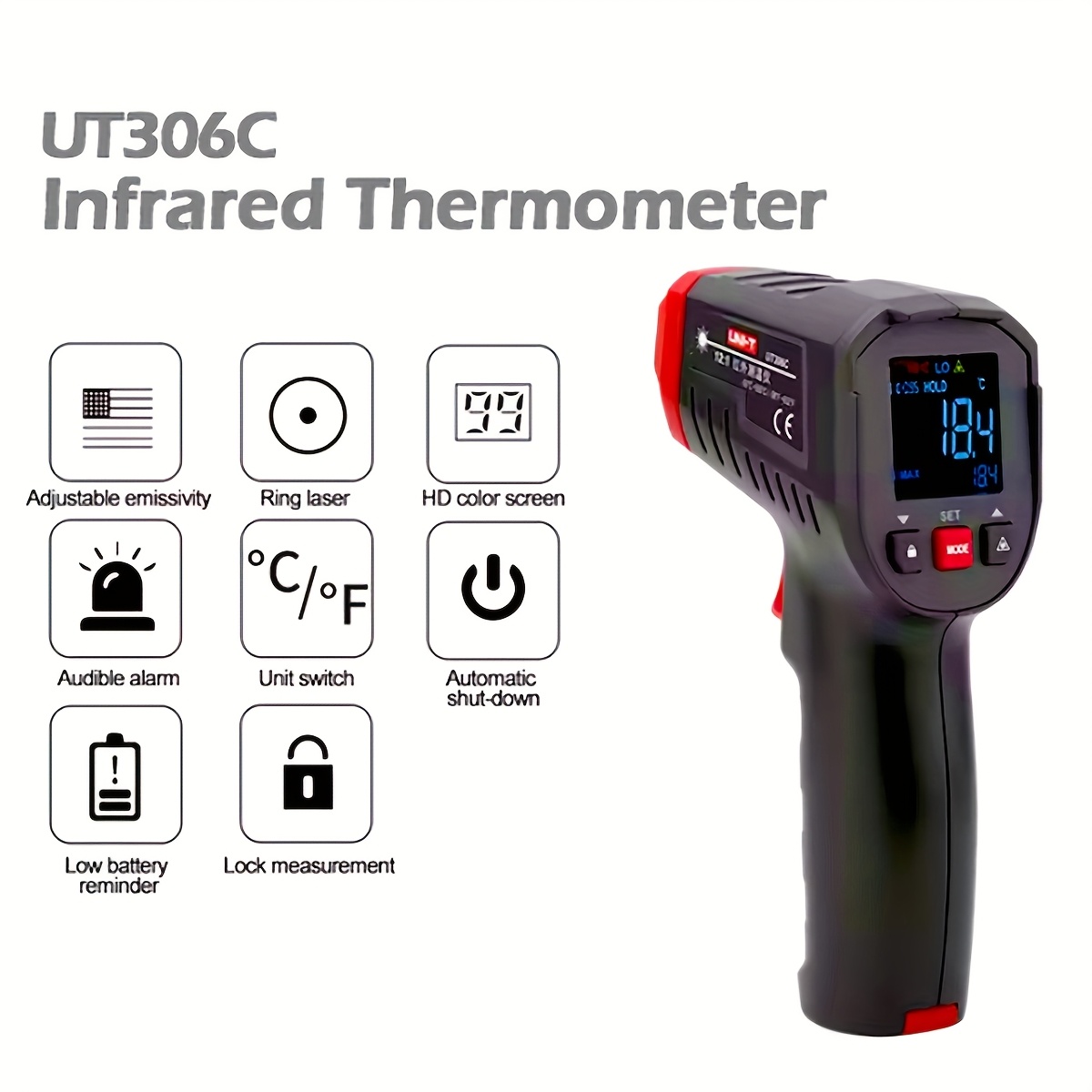 1pc Professional Infrared Thermometer Gun with Digital LCD Display, High Accuracy, Non-Contact Temperature Measurement for Home Health and Industrial Use, Plastic, Single Use, Requires 2 AAA Batteries (Not Included), Fast Response, Low Laser Power (0.4mW-1mW) - UT306C/UT306S Models