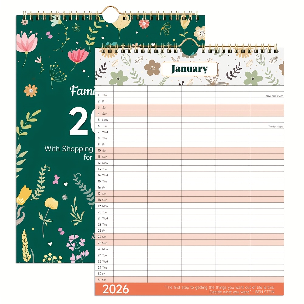 1pc A4 - 2026 Family Calendar 5 Column Layout, Uk Holidays Floral Wall Calendar 2026 From Jan.2026 To Dec.2026 (38 .5 Cm)