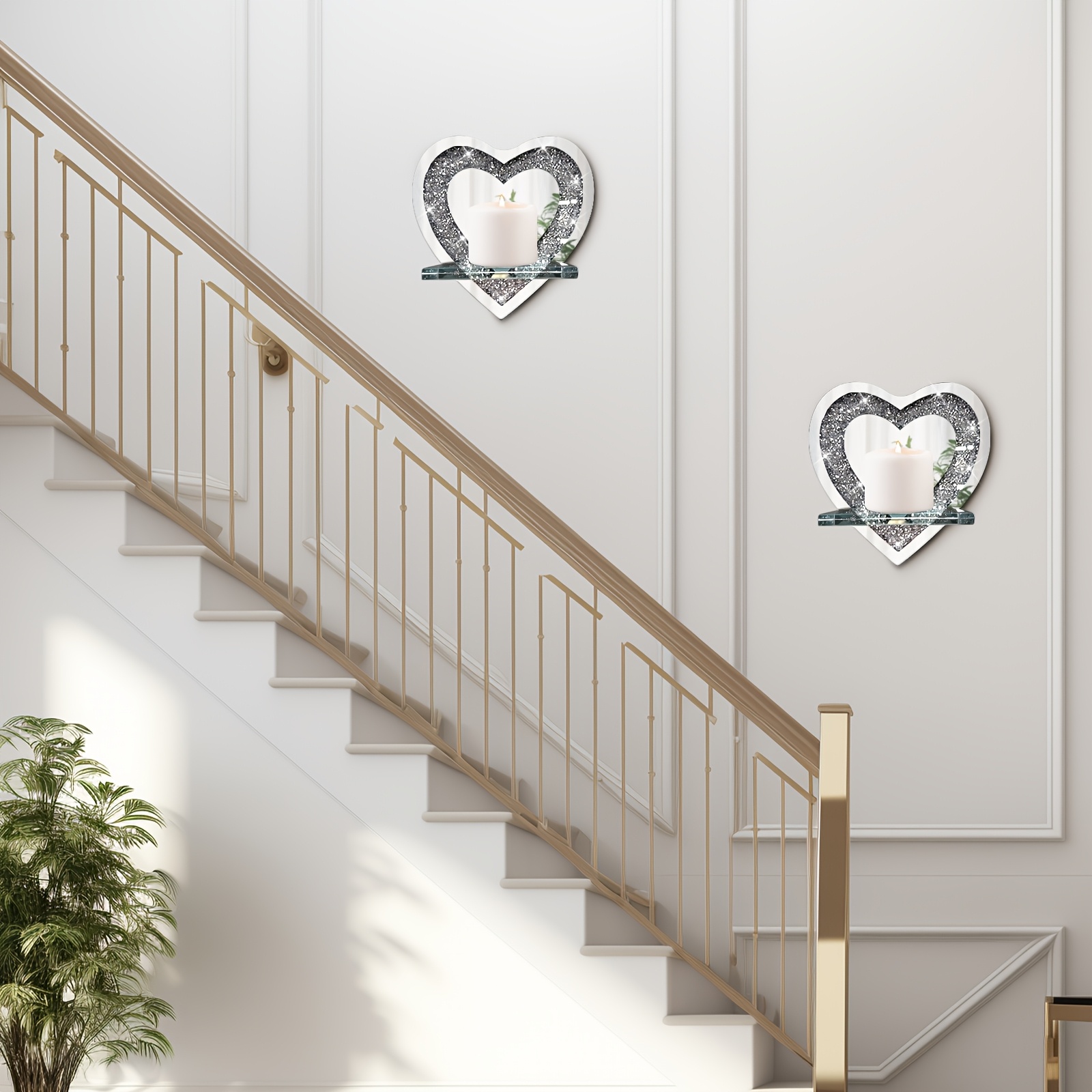 2pcs Crystal Glass Wall-mounted Candlestick Set, Heart-shaped Candlestick Glass Wall Decoration, Exquisite Silvery Mirror Candlestick Base, Home Wall Decor For Living Room, Dining Room, And Bedroom