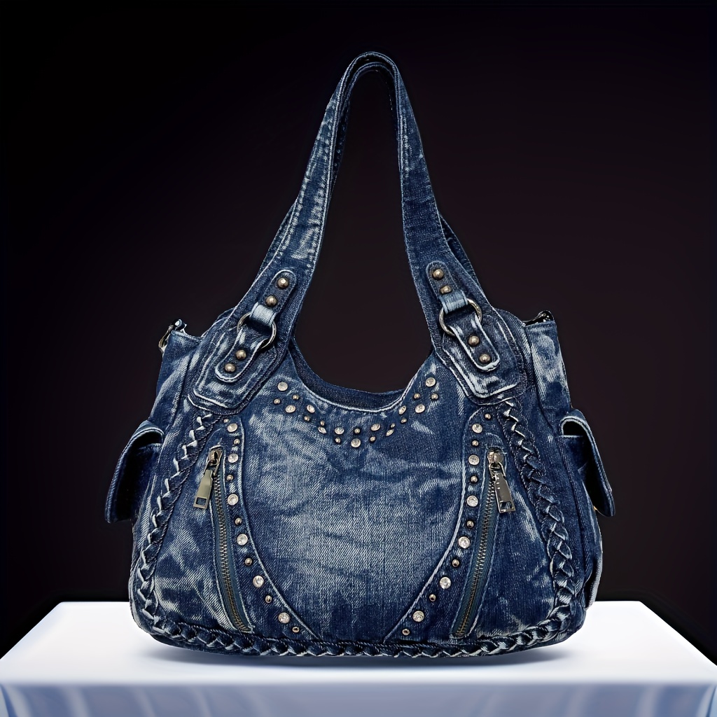 

Vintage Denim Shoulder Bag, Punk Style Rivet Tote Bag, Fashion Y2k Crossbody Bag For Women