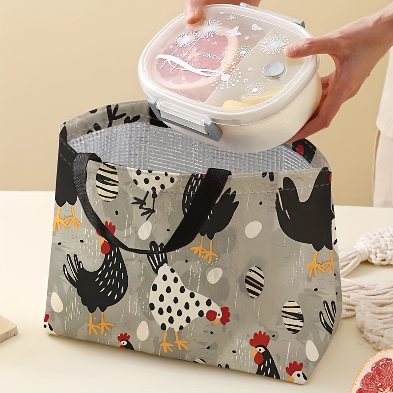 

Chicken Pattern Lunch Bag, Reusable Insulated Food Container, Double-sided Printed Leak-proof Tote For Office, Work, Beach, Travel, Polyester, Square Shape, Hand Wash Only