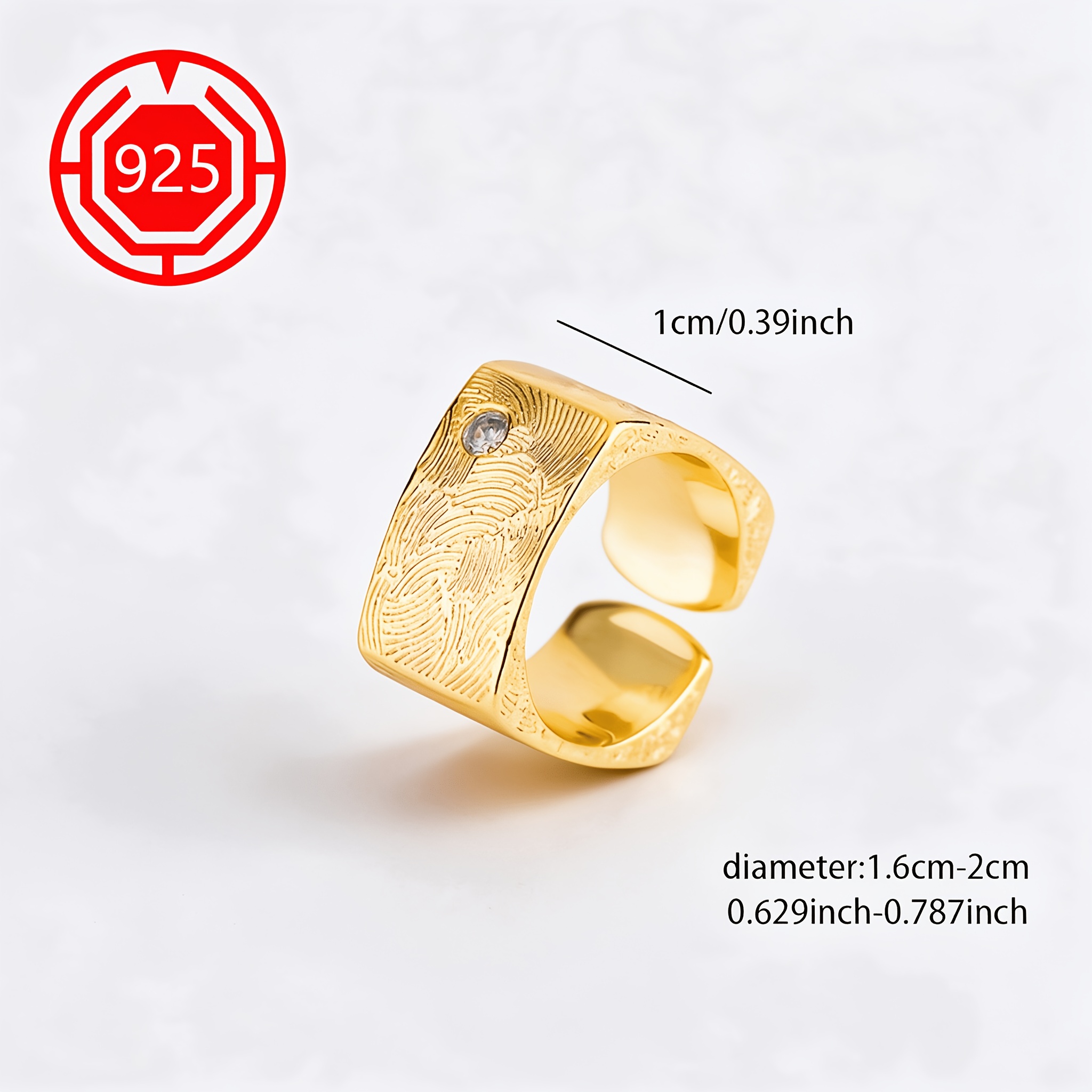 Women's 925 Silver Adjustable Wide Texture Open Ring, Geometric Design