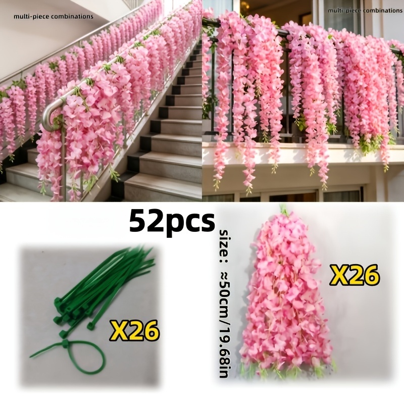 TEMU Juego de 52 piezas de guirnalda de flores de glicinia artificial con , decoración interior/suspendida/pink, ideal para decoración de de boda,