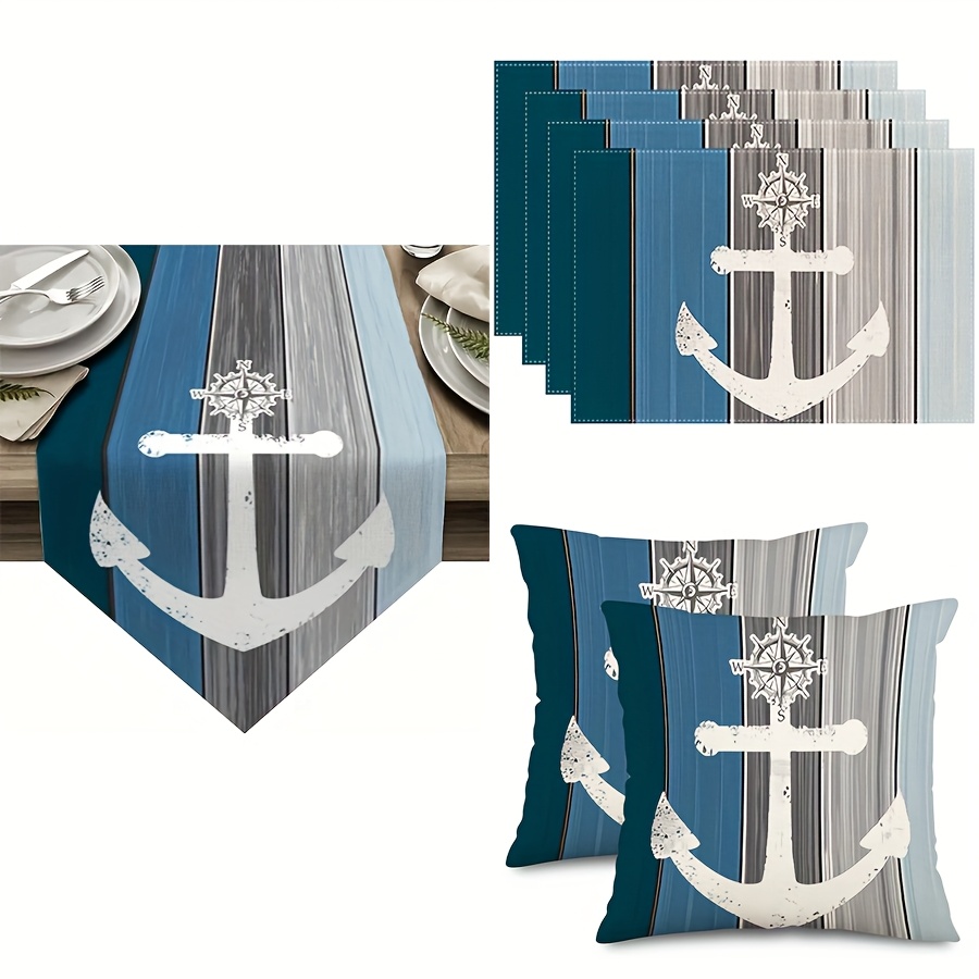 TEMU 2er/4er/7er Set, Nautischer Tischläufer mit Leinen-Anker - Robuste rechteckige Deko mit Vintage-Holzmaserung, grauen und blauen Streifen für die