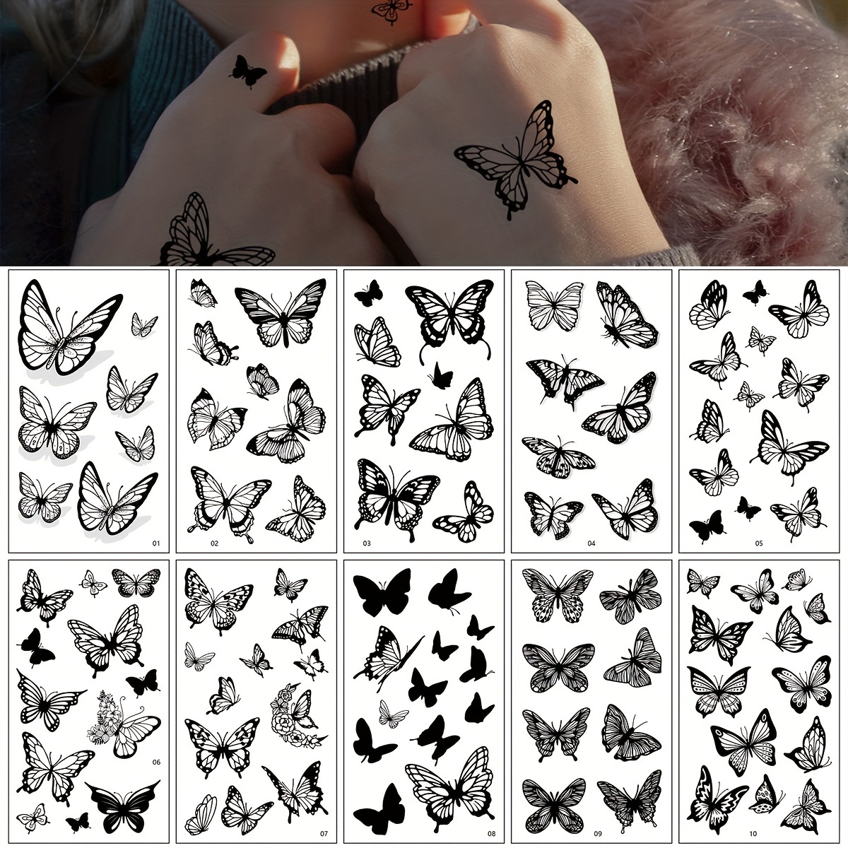 10sheets (101patterns) 3d Waterproof Black Temporary Tattoo Sticker For Women