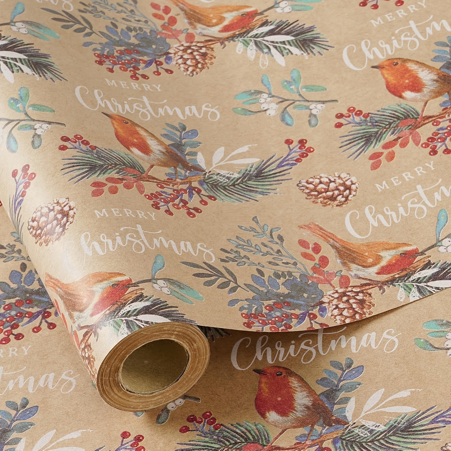 1 Roll Christmas Wrapping Paper | Vintage Robin Birds, Pine Branches, Cones, Berries & "merry Christmas" Script - Rustic Festive Gifting - 43.2cm X 500cm (17" X 16.5')