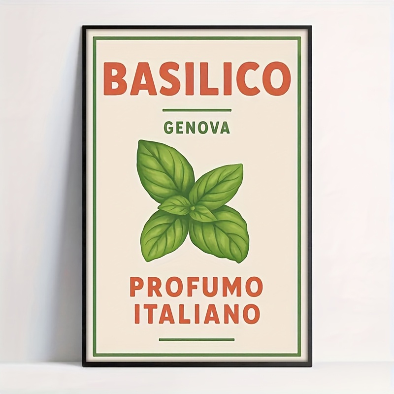 TEMU 2d Flat, 2d Flat, A 2d Flat Vintage Italian Basil Perfume Poster - Retro Basil Advertisement Canvas Art - Beige, Green, And Red Decor For
