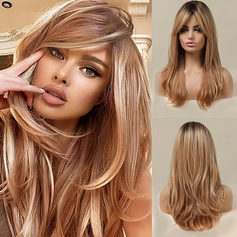 

Elegant Straight Hair Wig For Women, Fiber, Cap, 150% Density, Synthetic Fiber Woven Wig In Brown Golden Highlight - Suitable For Female