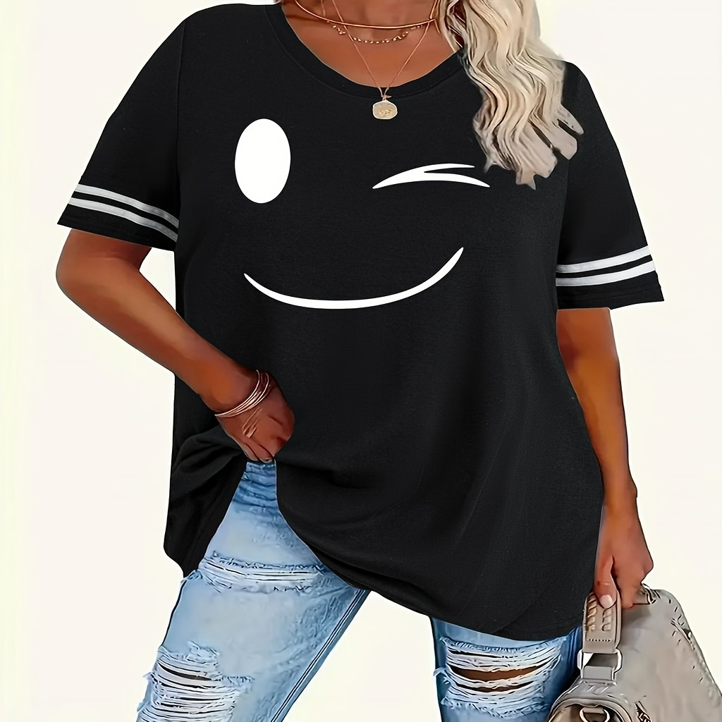 

Plus Size Women's Printed Round Neck Short Sleeve Striped T-shirt With Ribbed Collar, In Sizes 1-8xl, Featuring Cartoon Designs.