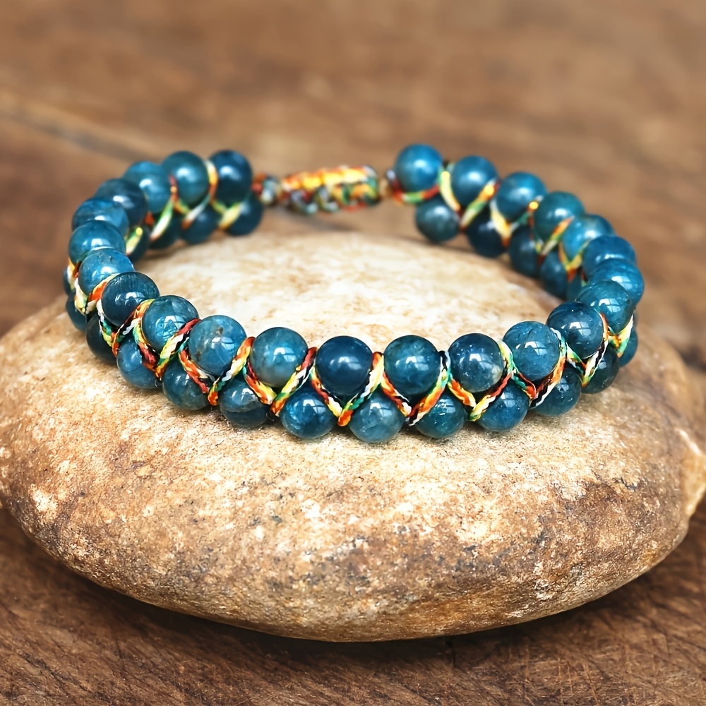 Image of Bohemian Handmade Braided Rope Double Layer Bracelet, Natural Apatite Bracelet, Suitable For Men' Wear And Holiday Gifts