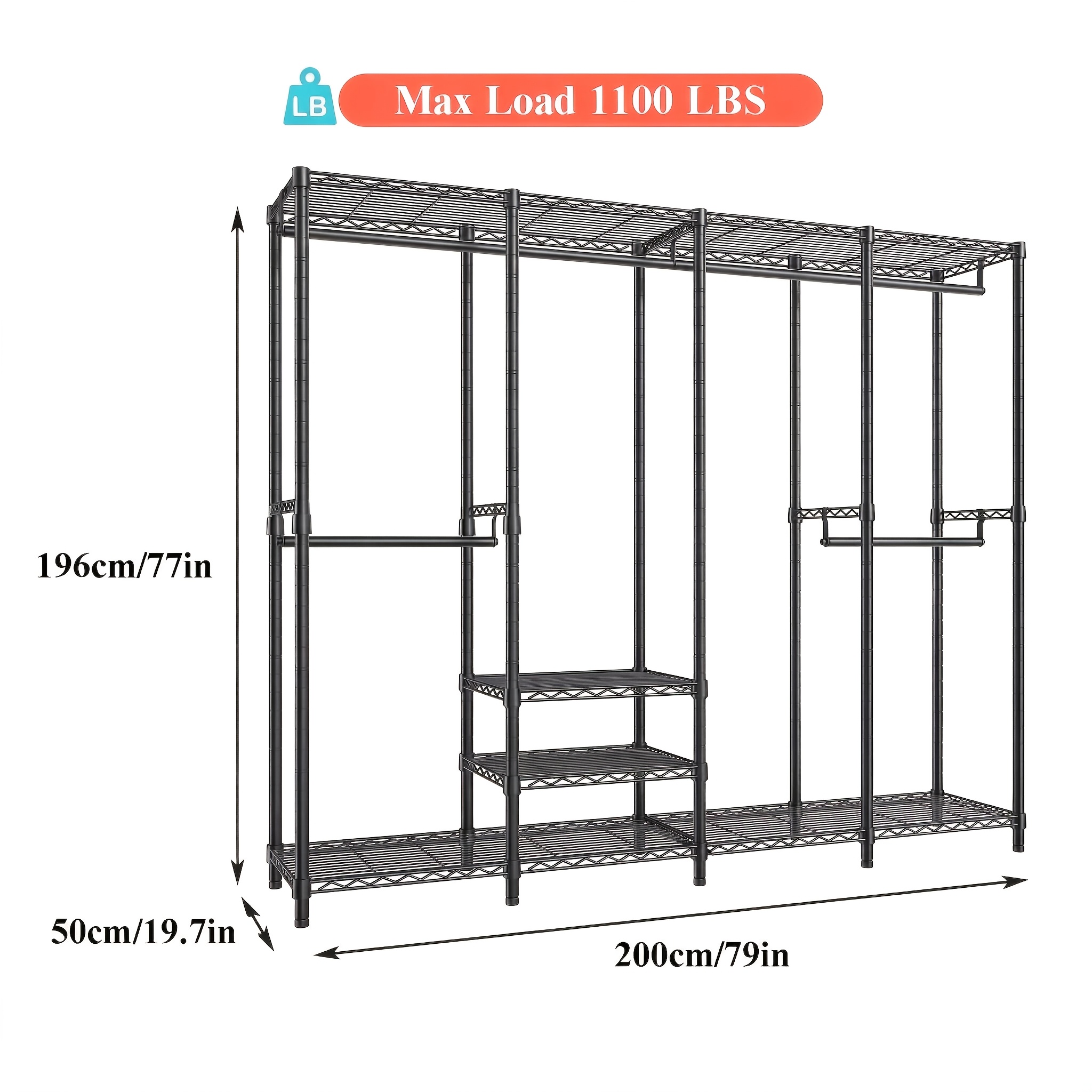 Heavy Duty Garment Rack, Multi-functional Garment Rack 1100lbs, 4-tier Freestanding Wardrobe 77"w, 11 Wire Shelves + Anti-tip Strap, Bedroom Closet Organizer For 240+ Clothes, Black