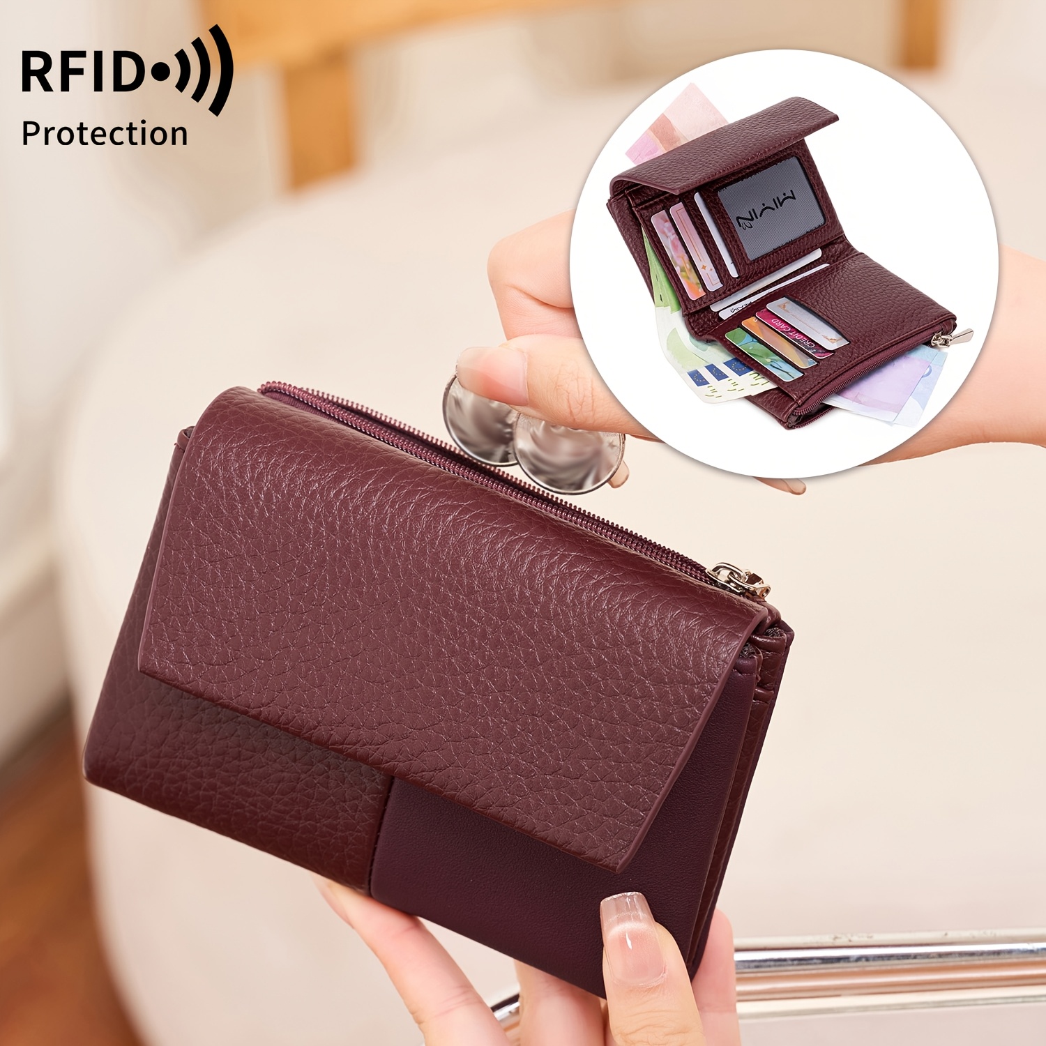 TEMU Women's Retro Rfid Blocking Short Wallet, Simple Lychee Pattern Wallet, Magnetic Seal, Compact Wallet For Cash/card/id Card, Minimalist Card Bag