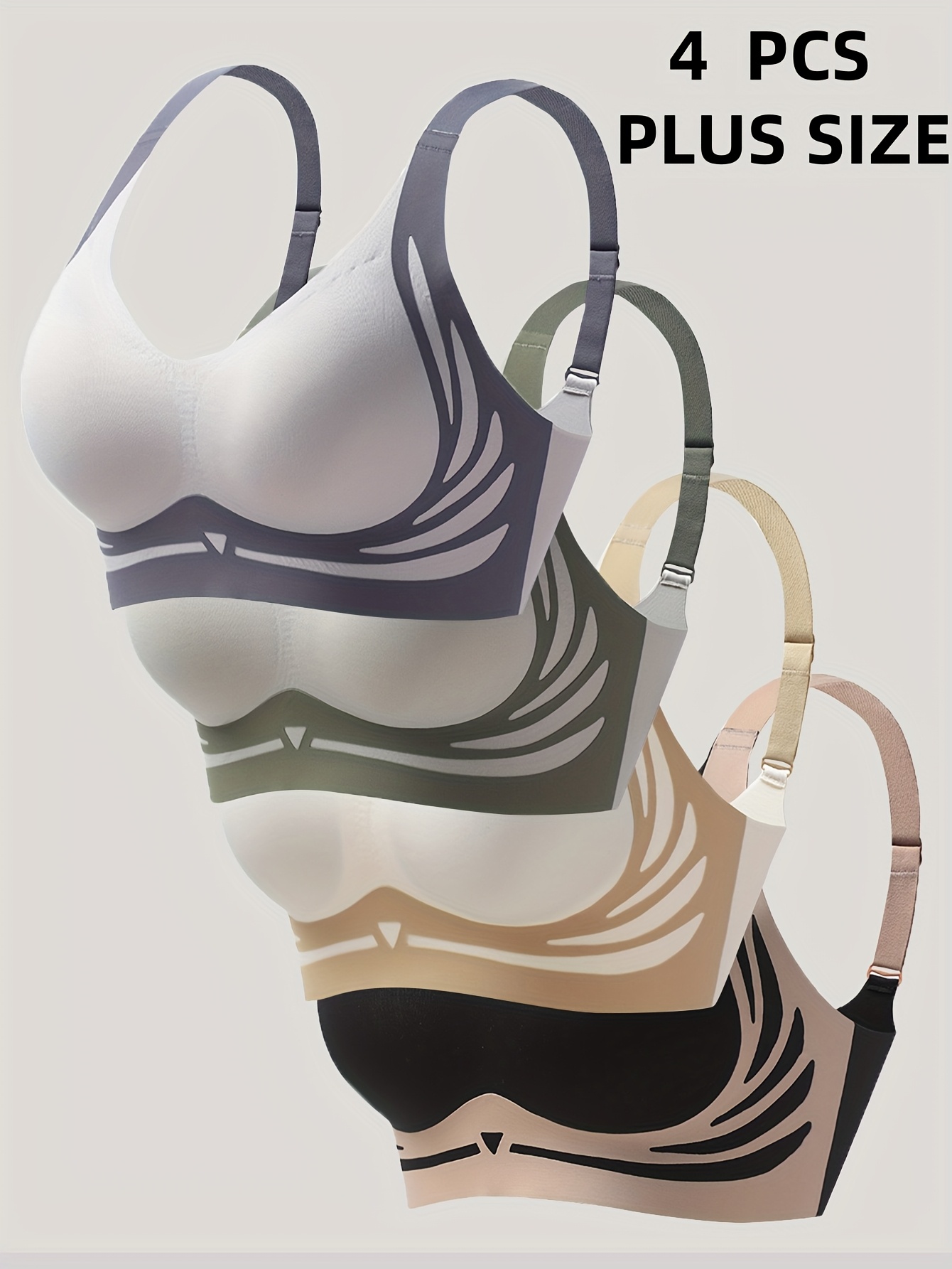 4pcs casual plus size color block wireless bra set