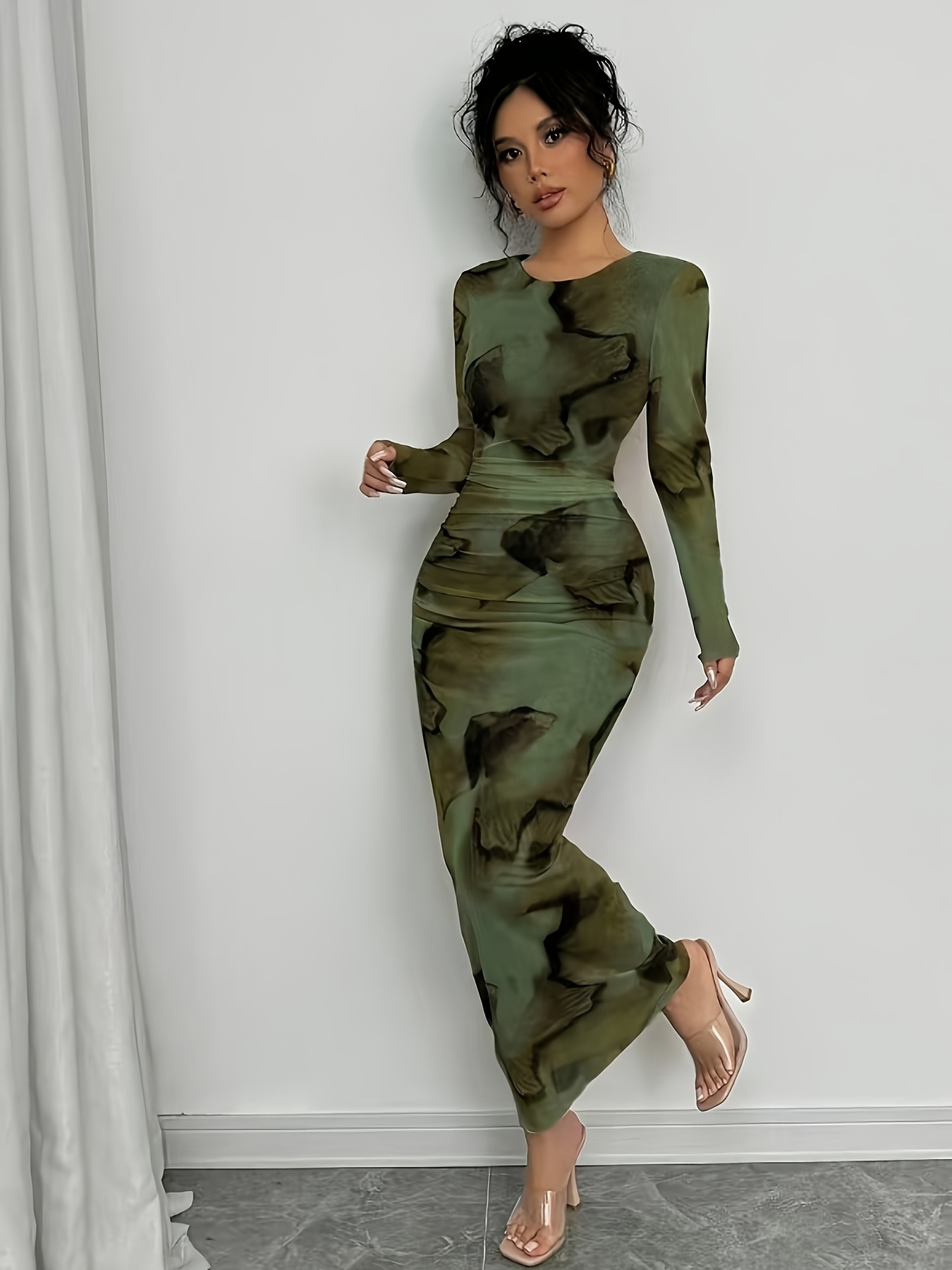 Women's Elegant Tie-Dye Long Sleeve Bodycon Dress - *-Length Round Neck  Fitted Silhouette, Machine Washable Autumn Winter Casual & Formal Wear,  Elegant Long Sleeve Dress, Soft Fabric Attire