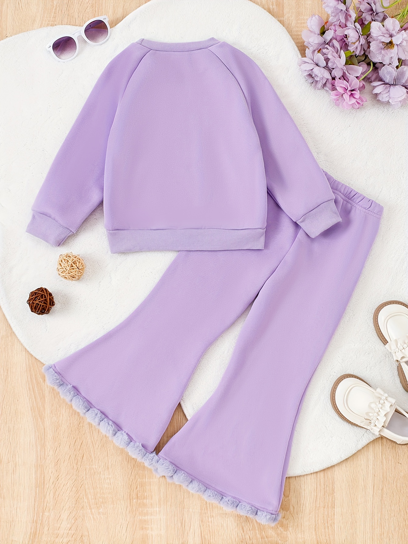Girls' Solid Color Long-Sleeve Top and Flared Pants Set
