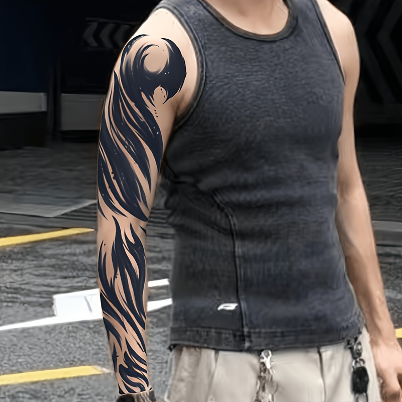Image of Dark Full Arm Temporary Tattoo Sticker - Waterproof, Lasts 1-2 Weeks, Realistic Non-reflective Fake Tattoo, Suitable For Men And Women, Realistic , No Glue, Non-reflective Fake Tattoo, Cool