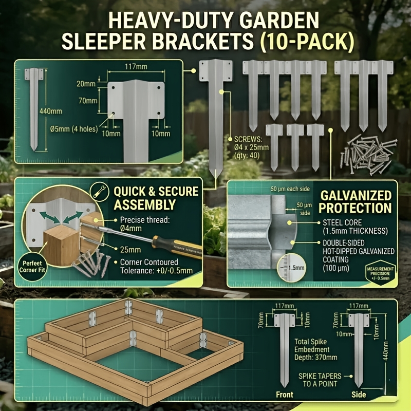 10 Pack Heavy Duty Galvanized Steel Railway Sleeper Brackets, 440mm Professional Garden Edging And Raised Bed Connector Stakes, Rustproof Wood Timber Fixing Brackets With Screws