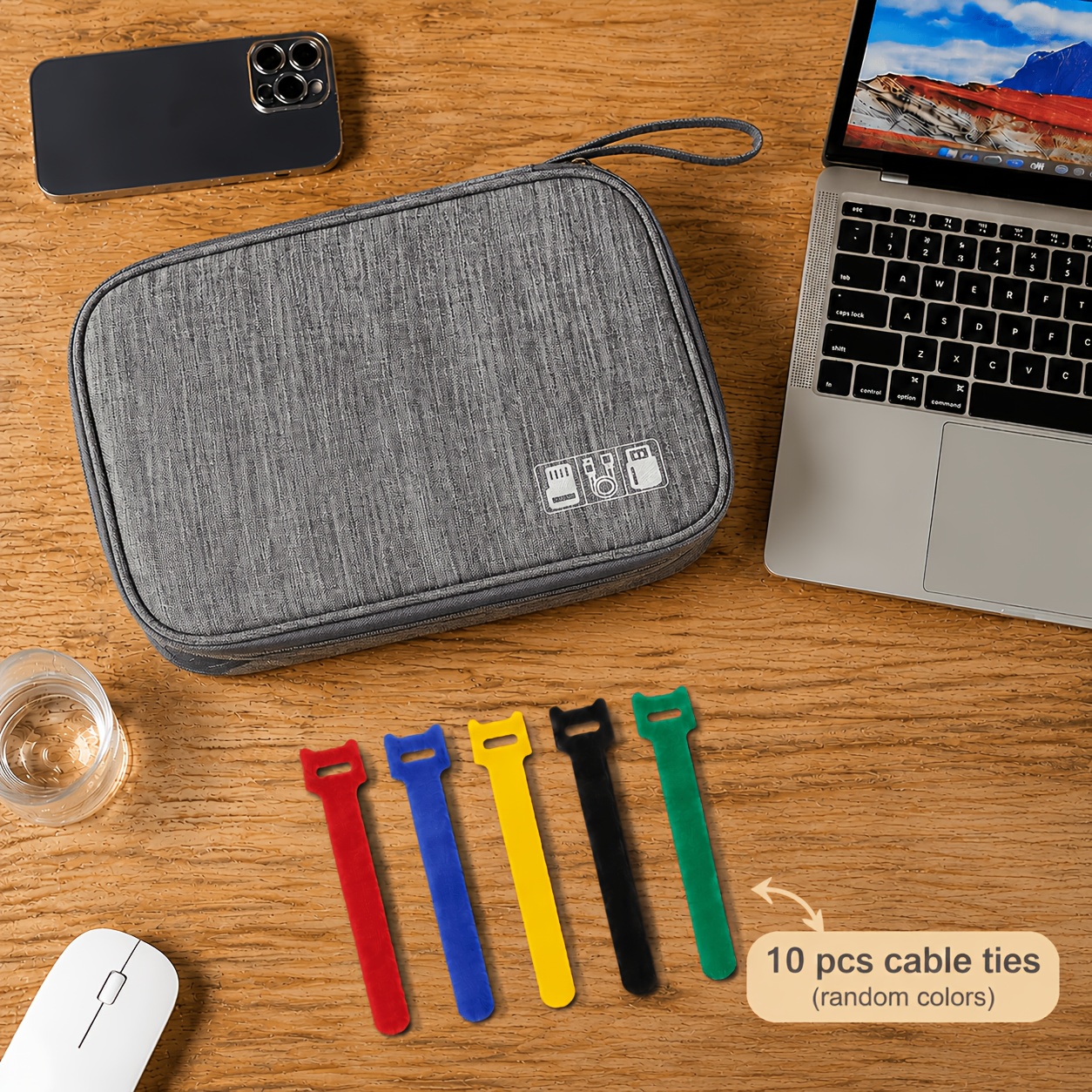 Travel Data Cable Storage Bag with 10pcs Reusable Cable Ties