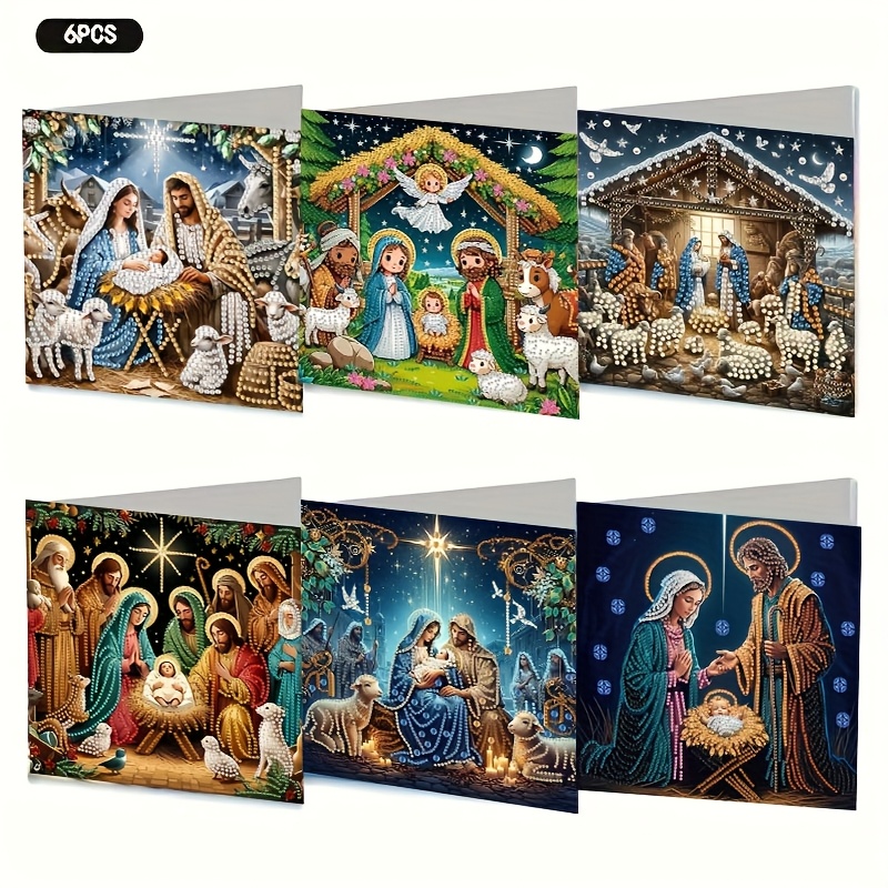 TEMU Lot de 6 cartes de vœux de peinture diamantée sur la avec kit de scintillants d'outils, convient pour Noël, événements d'église, cérémonies