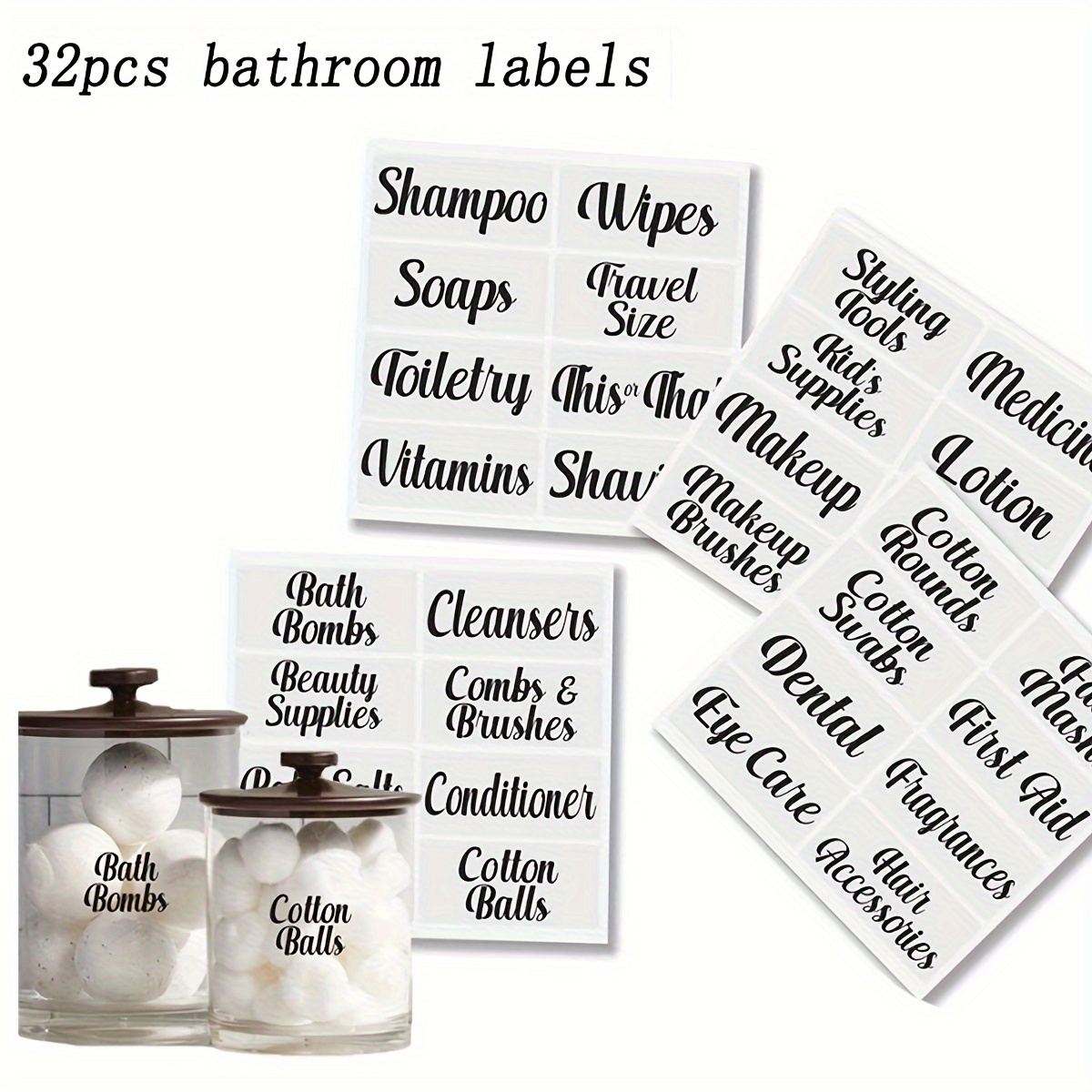 

32pcs Waterproof Bathroom Storage Labels - Clear Organization Stickers For Cotton Balls, & More - Durable & Easy To Use Without Electricity - Versatile Bathroom Accessories Set