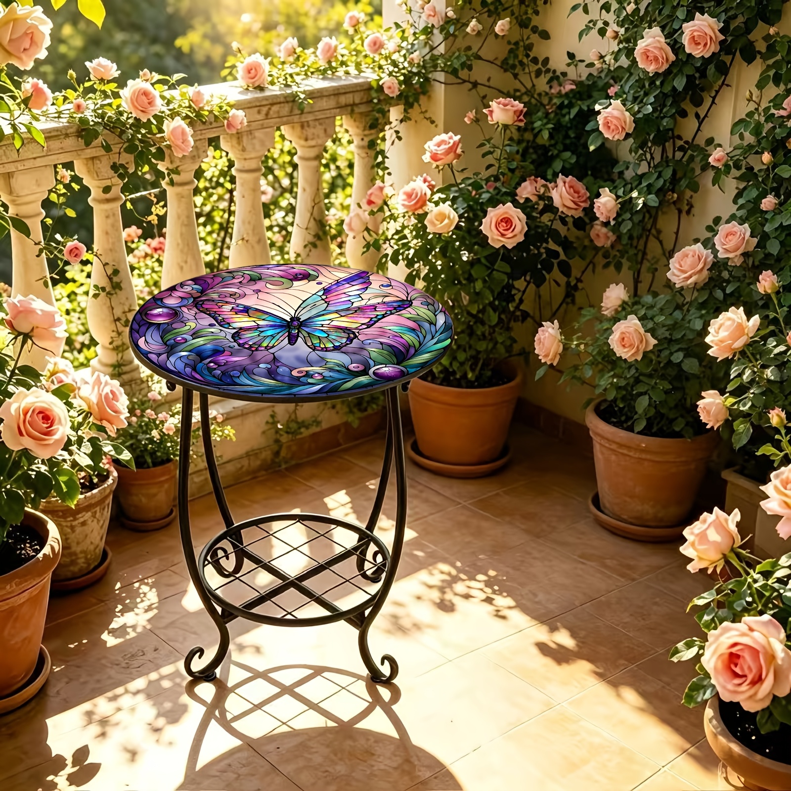 TEMU 1pc Round Metal Garden Side Table 2-tier Outdoor Iron Plant Stand Decorative Accent End Table With Colorful Printed Top For Patio Backyard