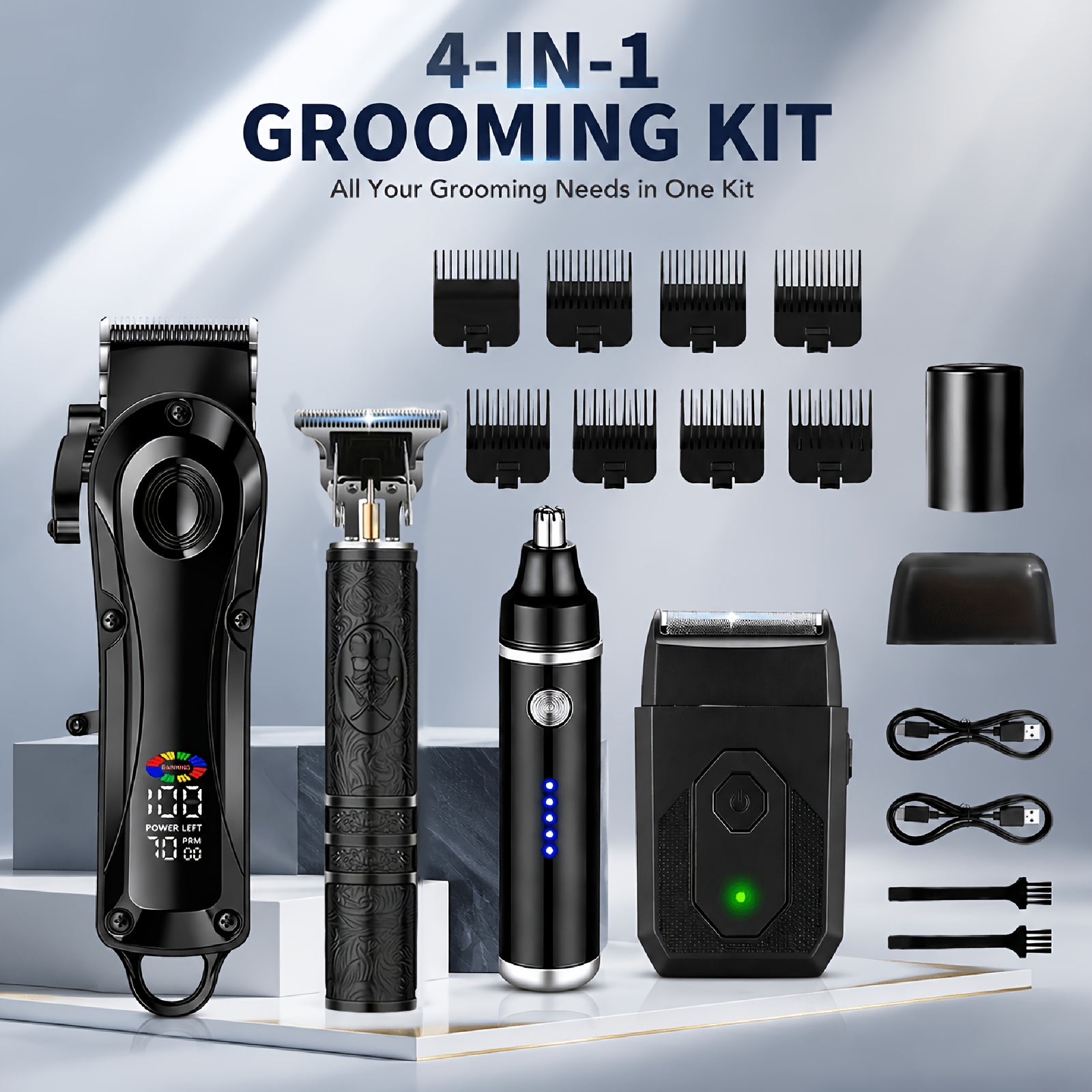 Men's Rechargeable Electric Grooming Kit. Equipped With An Lcd Battery Display, This Set Is An Essential Companion For Use At Home, While Traveling, Or —making It For Husbands, , And Elders