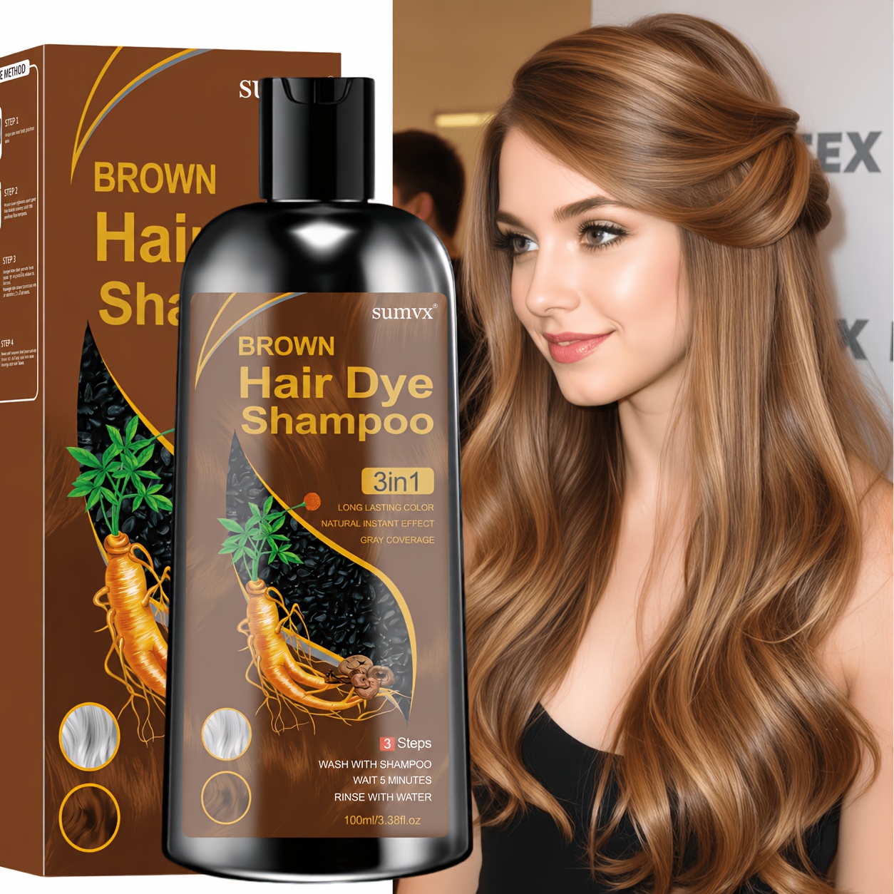 Image of Ginseng 3-in-1 Hair Dye Shampoo, Plant , Moisturizing And Protecting Hair, Plant Hair Dye Is Gentle And Non-irritating, Long-, Quickly Covers Gray Hair, Suitable For All Hair Types