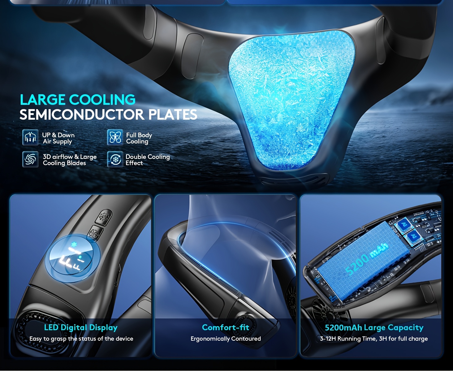 5200Mah Neck Fan, Portable Air Conditioning Fan, Ergonomic Personal Cooling Fan, Type-C Rechargeable, 3D Airflow Wearable, LED Screen, 3 Modes, a Gift for Men And Women, Suitable for Outdoor Travel And Indoor Use